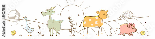 Cute farm animals in a village on white background. Hand drawn cartoon cow, goat, pig, goose and chick.