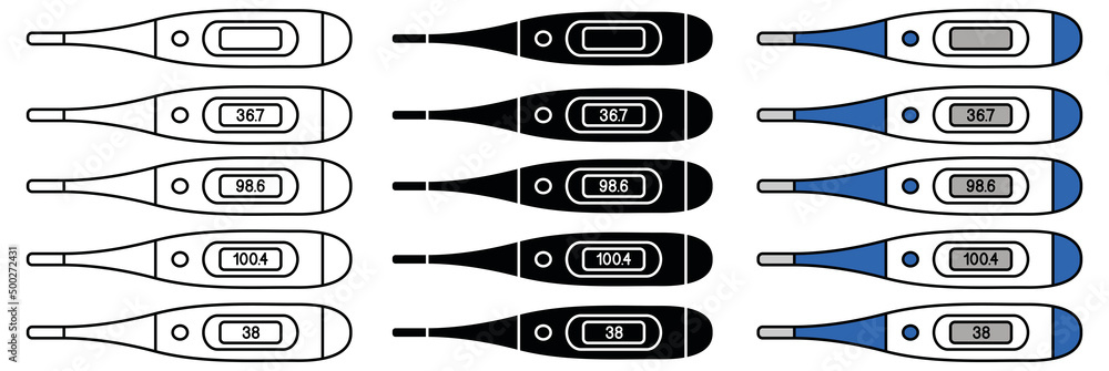Oral Thermometer with Celsius and Fahrenheit Numbers Clipart Set - Outline, Silhouette and Color - obrazy, fototapety, plakaty 