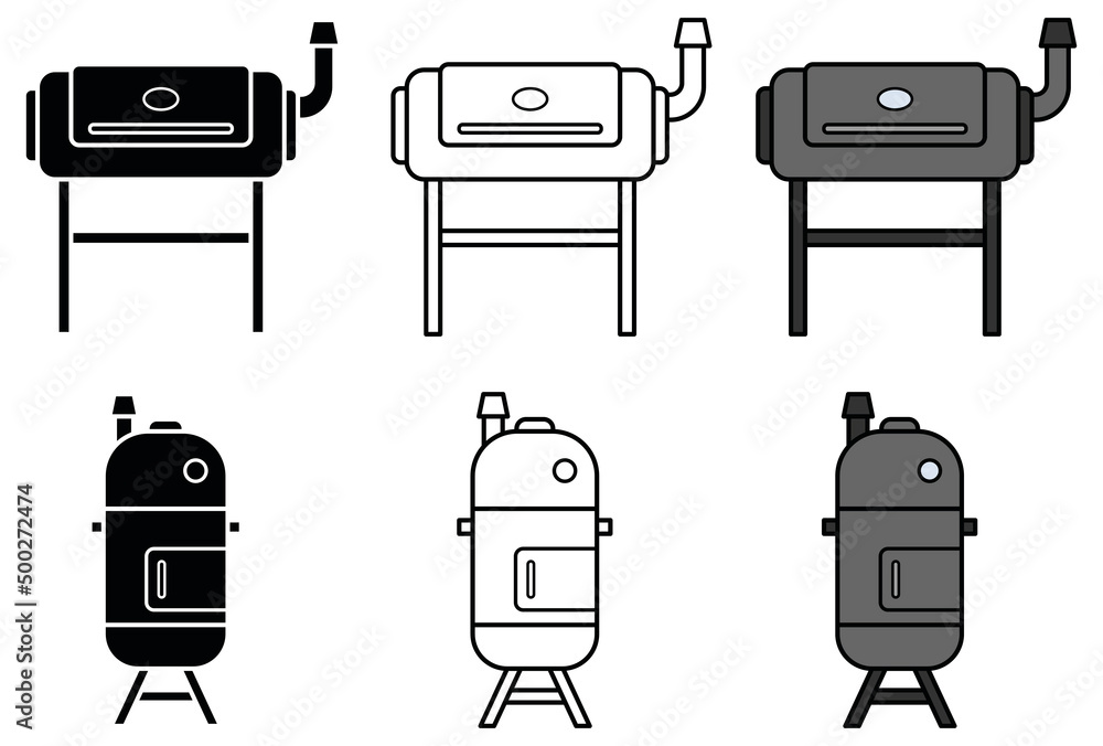 Meat Smoker Clipart Set Outline, Silhouette and Color Stock Vector
