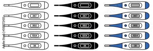 Oral Thermometer with Celsius and Fahrenheit Numbers Clipart Set - Outline, Silhouette and Color