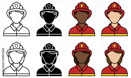Firefighter Avatar Set with Man and Woman - Outline, Silhouette and Color	
