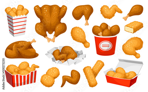 Collection fried chicken meat fast food cafe menu vector flat wings, legs, fillet, strips, nuggets