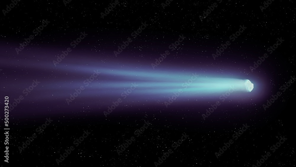 The tail of the comet glows against the background of the starry sky. An astronomical photo of a comet flying in outer space.