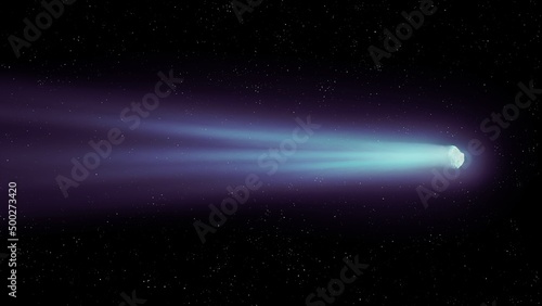 The tail of the comet glows against the background of the starry sky. An astronomical photo of a comet flying in outer space.