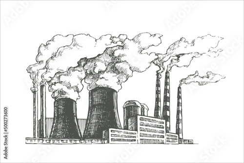 Vector illustration about environmental problems. Hand drawn sketch of a factory with smoking pipes polluting the air.