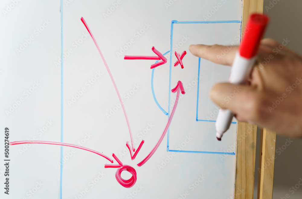 Coach with a whiteboard discussing game plan with soccer team Coach with a whiteboard discussing game plan with soccer team