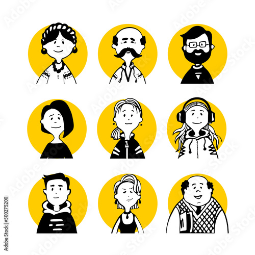 Collection 01 of comic peoples faces and characters in doodle style for monochrome avatars and black-white pictograms and set social media icons and portraits for articles or blog