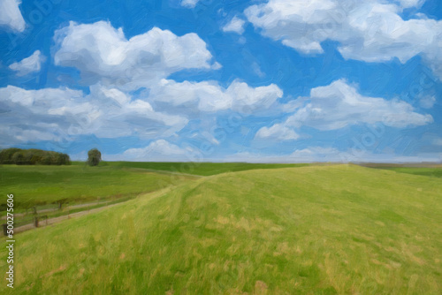 Digital oil painting showing green field or meadow under vivid blue sky, beautiful natural image for poster, cover, wallpaper