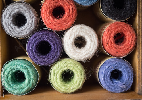 Εκτύπωση καμβά Different coloured rolls of gardeners twine on display viewed from above
