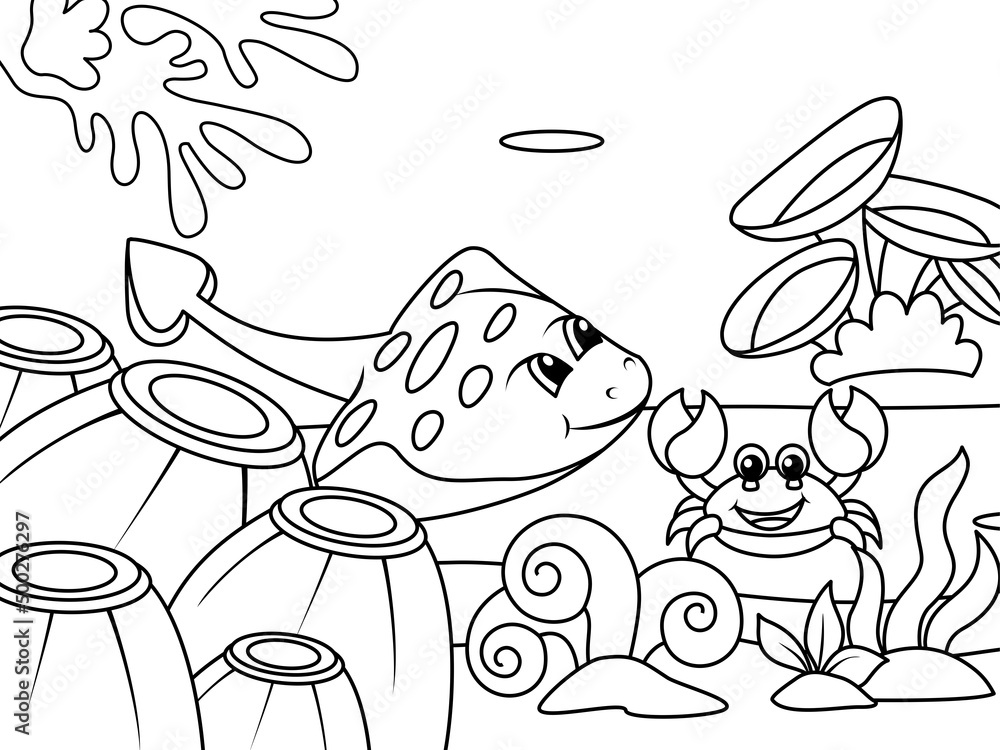 Children coloring, underwater world. Stingray fish swims among algae and crab. Raster illustration, coloring book.