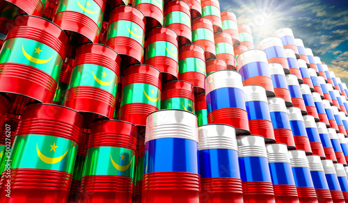 Oil barrels with flags of Russia and Mauritania - 3D illustration