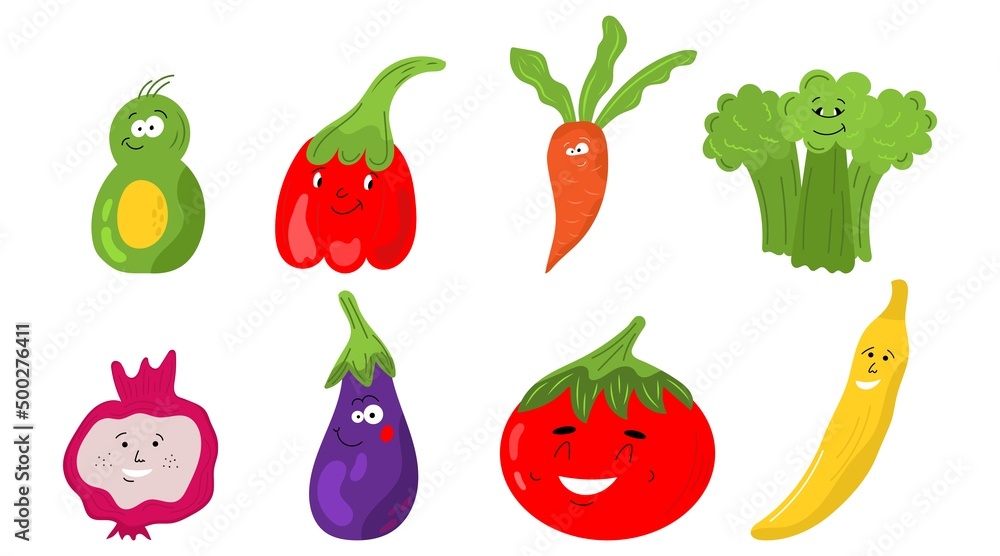 Set of different cute happy vegetable and fruit kawaii characters. Colorful design for cards, banners, printed materials. Funny doodle style emoticons. Flat icons of: pepper, carrot, tomato, avocado Set of different cute happy vegetable and fruit kawaii characters. Colorful design for cards, banners, printed materials. Funny doodle style emoticons. Flat icons of: pepper, carrot, tomato, avocado