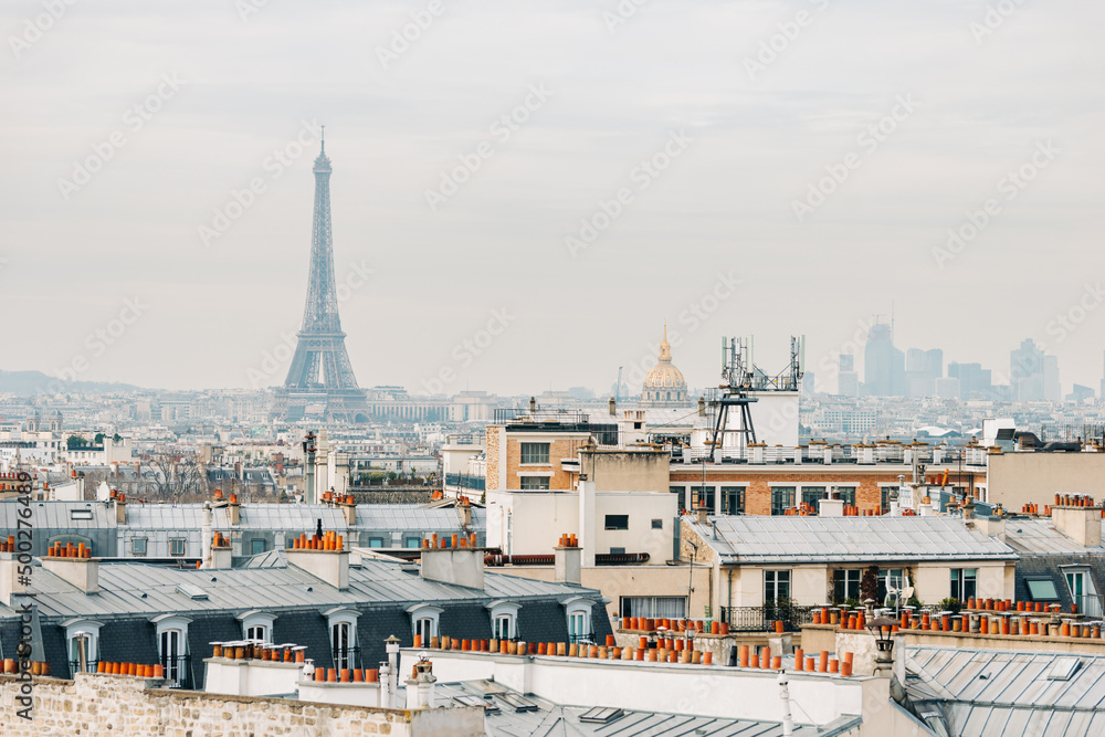 Vue de panoramique de la capitale de la France ou l'on aperçoit les toits de paris, la tour Eiffel, le quartier d'affaires de la défense