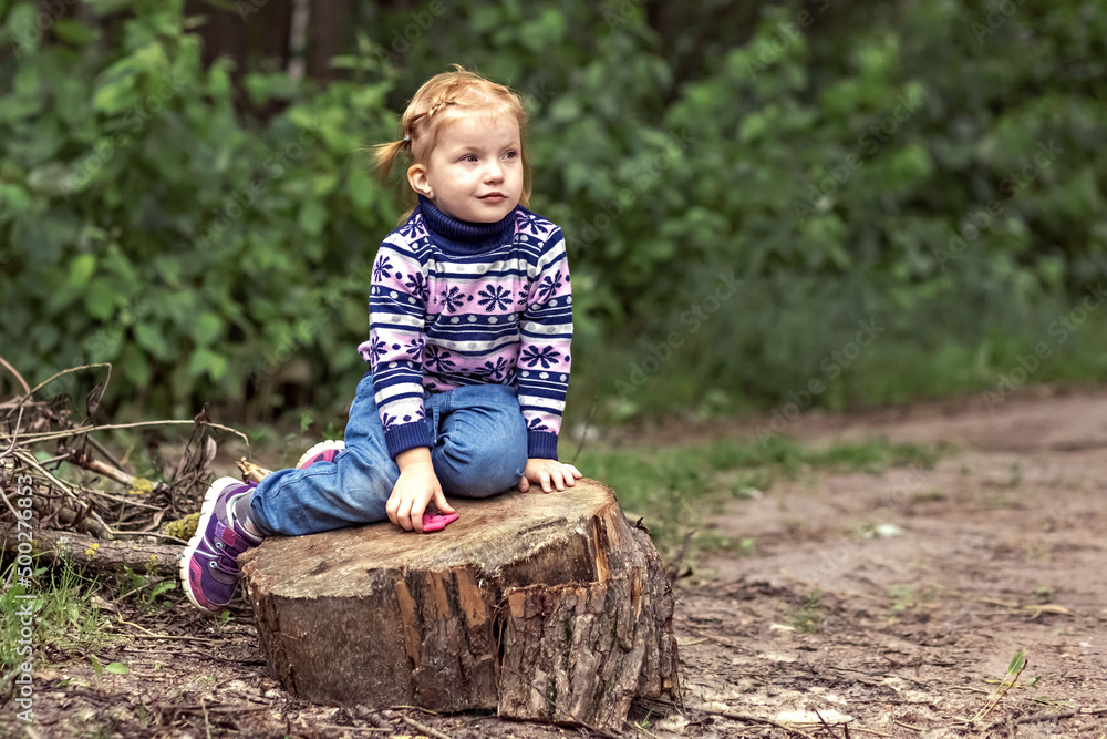 A little girl toddler is sitting on a stump in a spring park. Walk A little girl toddler is sitting on a stump in a spring park. Walk