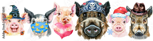 Obraz na plátně Border from pigs. Watercolor portraits of pigs and boars