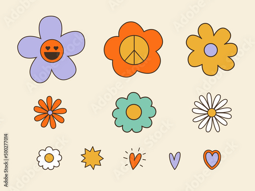 Abstract groovy flowers collection. 70s, 80s, 90s vibes funky floral stickers. Retro nature elements vector illustrations. Vintage nostalgia clipart for card, poster design and print