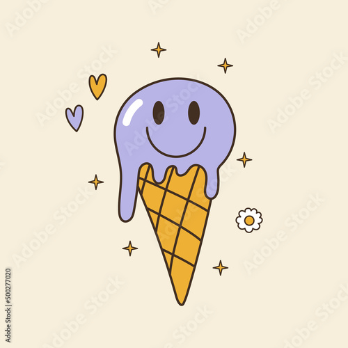 Abstract groovy ice cream cone with face. 70s, 80s, 90s vibes funky food sticker. Retro dessert vector illustration. Vintage nostalgia element for card, poster design and print