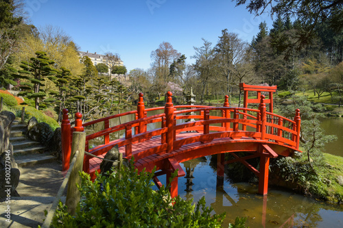 view on a beautiful red bridge in a park