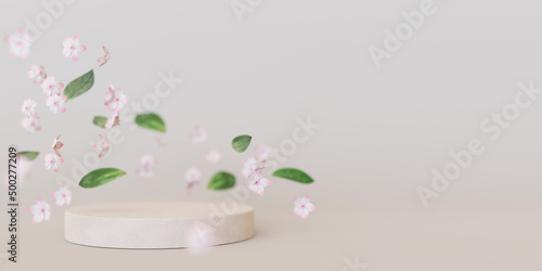 Podium with flying flowers and leaves on cream background. Podium for product, cosmetic presentation. Mock up. Summer or spring mood, blossom. Pedestal, platform for beauty products. 3D rendering.