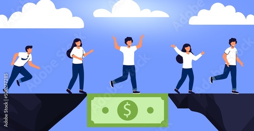 Financial bridge Financial gap Help solution economical crisis Vector illustration concept Money to rescue or support business Assisting people to overcome financial difficulties Insurance Stability