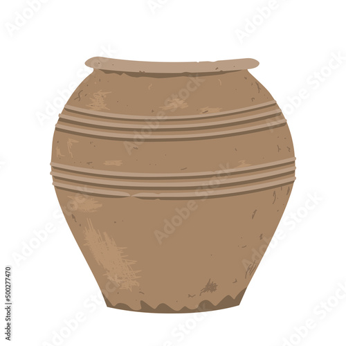 Old clay pot. Antique terracotta pottery, design element for home or patio decor. Vector illustration isolated on white