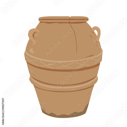 Old clay pot. Antique terracotta pottery, design element for home or patio decor. Vector illustration isolated on white.