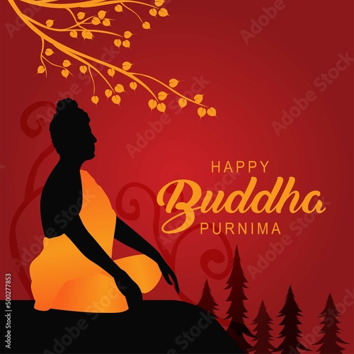 Happy Vesak Day Budha Purnima  With red Background Silhouette Vector Illustration design 