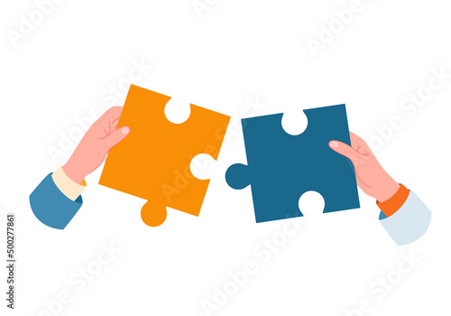 Two hands hold puzzle pieces as a solution to a problem. Solution, unity, partnership concept, teamwork, work and joint project completion in cooperation. Vector