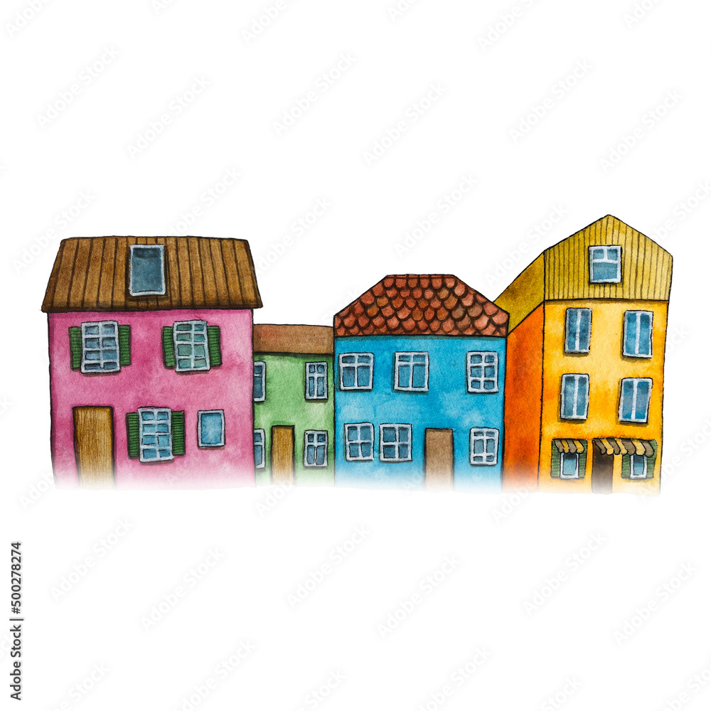 watercolor illustration little houses background for design, stickers, poster, banner, home decor.