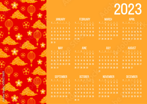 Calendar 2023. Vector, Asia folk style. Flowers. Flat style.	

