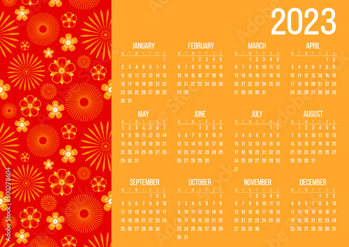 Calendar 2023. Vector, Asia folk style. Flowers. Flat style.	
