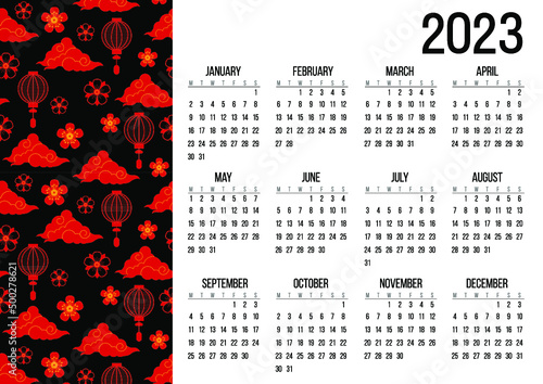 Calendar 2023. Vector, Asia folk style. Flowers. Flat style.	
