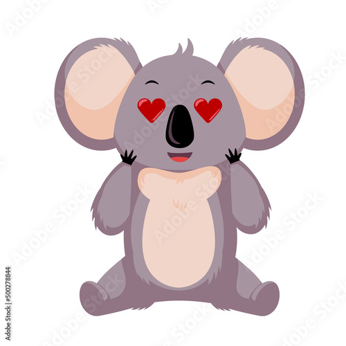 Fall in love koala isolated on white background. Cartoon character with hearts in eyes.