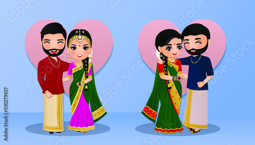 Set of Cute couple in traditional indian dress cartoon characters bride and groom.Wedding invitations card.