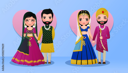 Set of Cute couple in traditional indian dress cartoon characters bride and groom.Wedding invitations card.