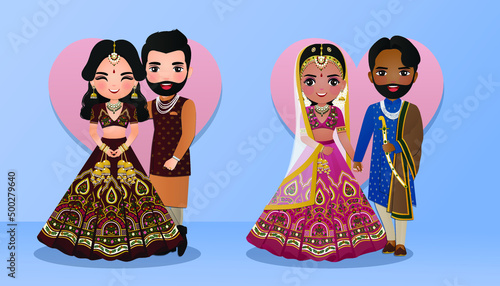 Set of Cute couple in traditional indian dress cartoon characters bride and groom.Wedding invitations card.