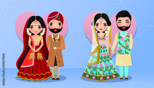 Set of Cute couple in traditional indian dress cartoon characters bride and groom.Wedding invitations card.