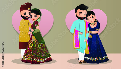 Set of Cute couple in traditional indian dress cartoon characters bride and groom.Wedding invitations card.