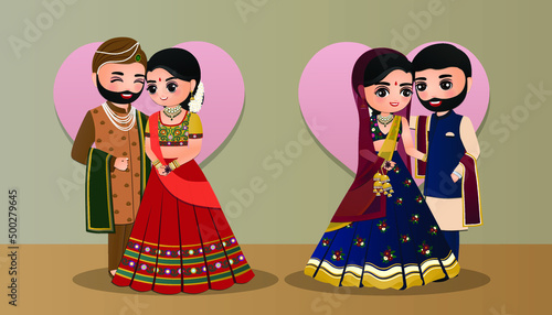 Set of Cute couple in traditional indian dress cartoon characters bride and groom.Wedding invitations card.
