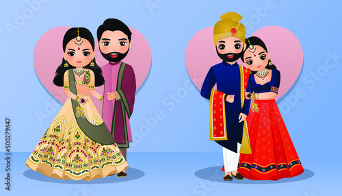 Set of Cute couple in traditional indian dress cartoon characters bride and groom.Wedding invitations card.
