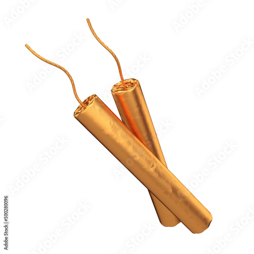 Two gold sticks of dynamite on a white background, 3d render