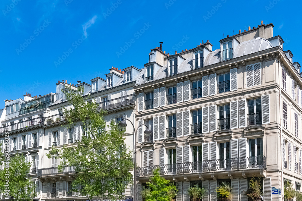 Paris, beautiful buildings, boulevard Beaumarchais, in the 11e district, springtime
