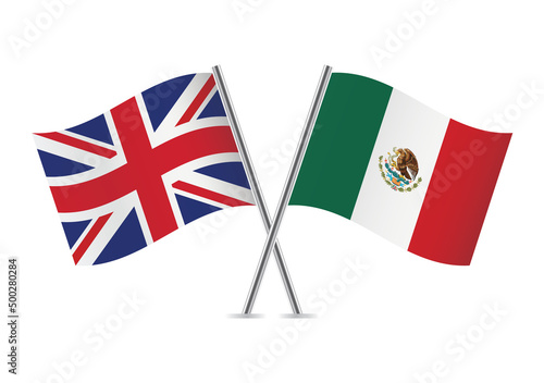 Britain and Mexico crossed flags. British and Mexican flags are on white background. Vector icon set. Vector illustration.