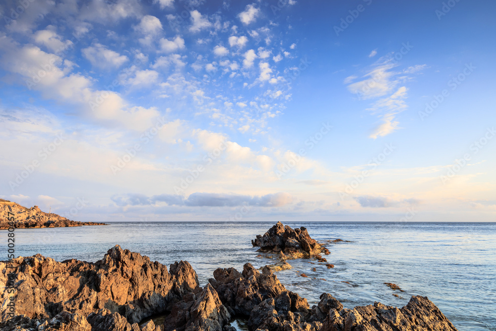 Sunrise at the Coast of Sicily at Capo Gallo, Mondello in spring Italy at the morning sea in Europe Sunrise at the Coast of Sicily at Capo Gallo, Mondello in spring Italy at the morning sea in Europe