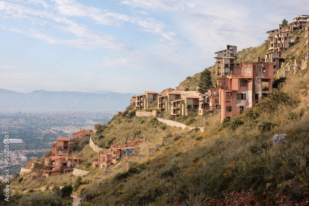 Sicilian Italian Coastal Hill Landscape near Palermo in Europe, on a foggy cloudy spring day