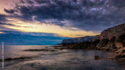 Sicilian morning coastal landscape near Mondello, Palermo in spring Italy in Europe at sunrise