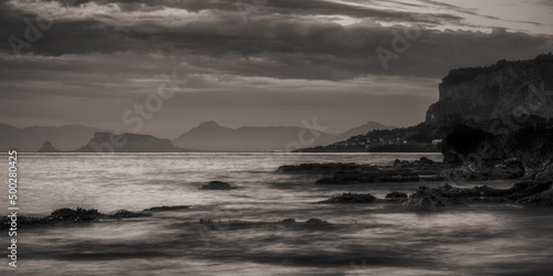 Sunrise at the Coast of Sicily at Capo Gallo  Mondello in spring Italy at the morning sea in Europe