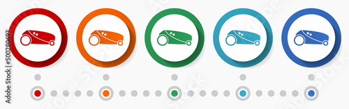 Robot mower concept vector icon set, infographic template, flat design colorful web buttons in 5 color options