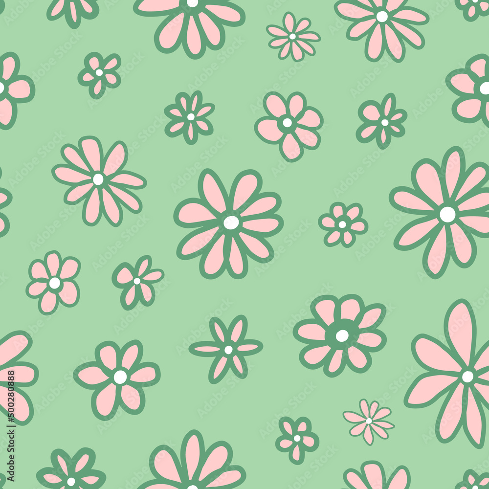 Retro floral petal seamless repeat pattern. Random placed, vector hand drawn all over surface print on pastel green background.