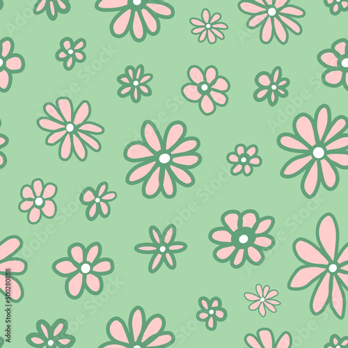 Retro floral petal seamless repeat pattern. Random placed  vector hand drawn all over surface print on pastel green background.